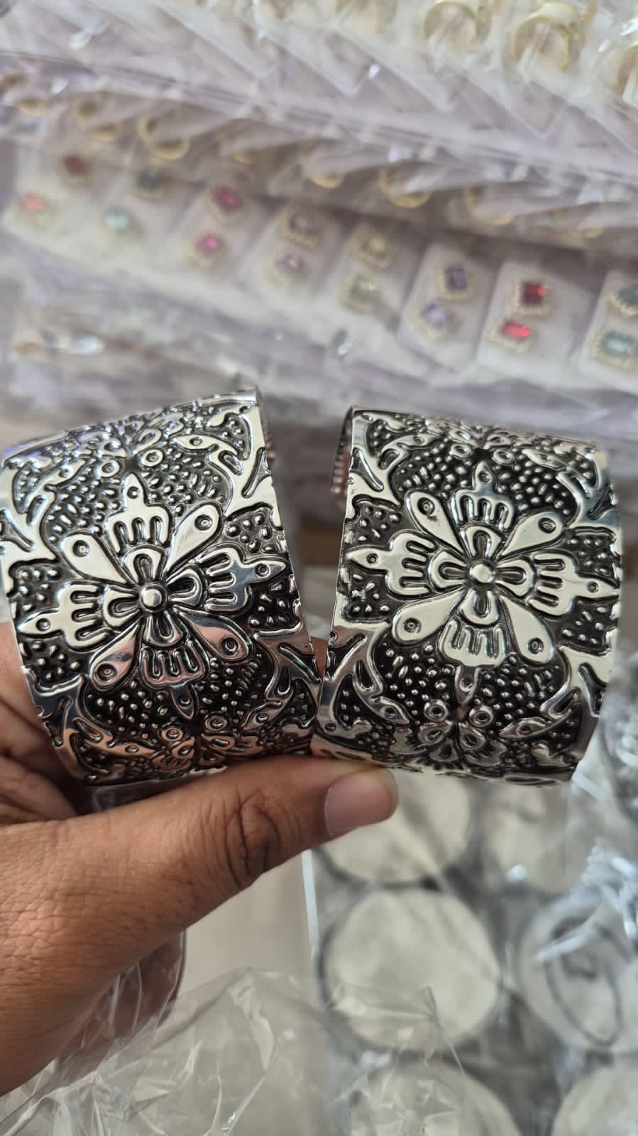 Oxidised Statement Floral Handcuffs – Set of 2