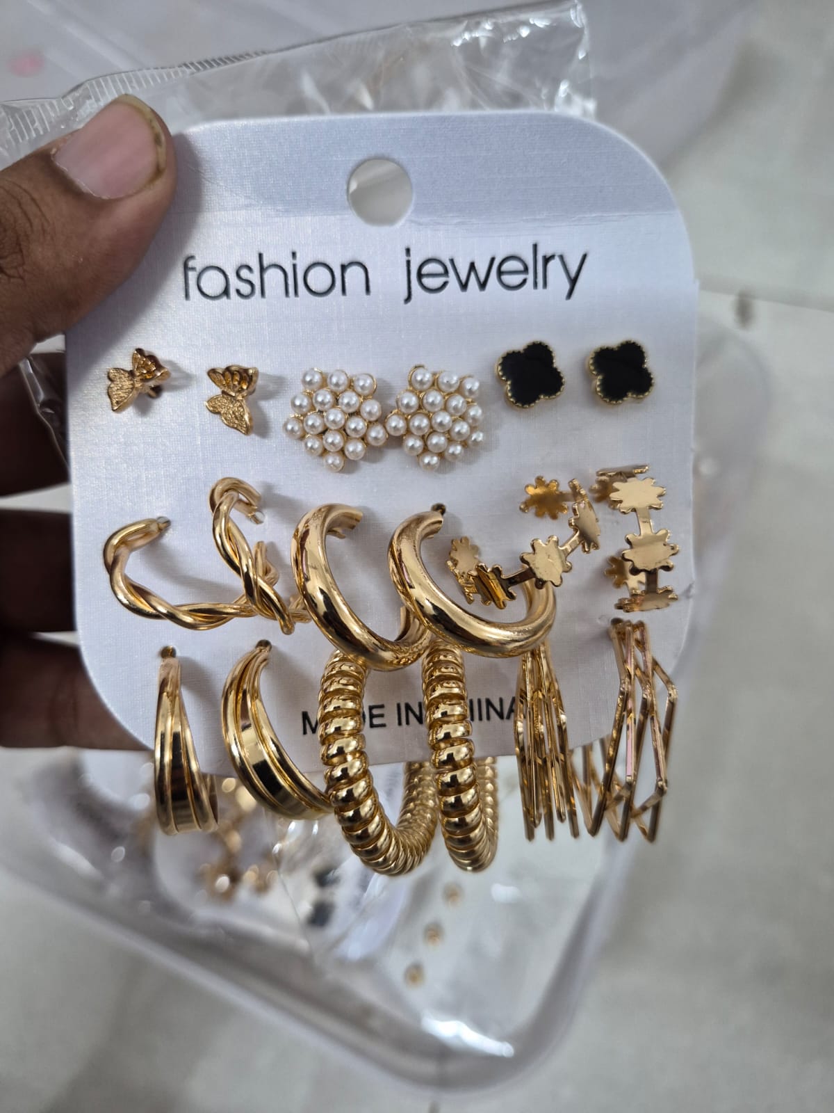 Set of 9 pair Golden Pearl Hoop And Stud Earrings Set