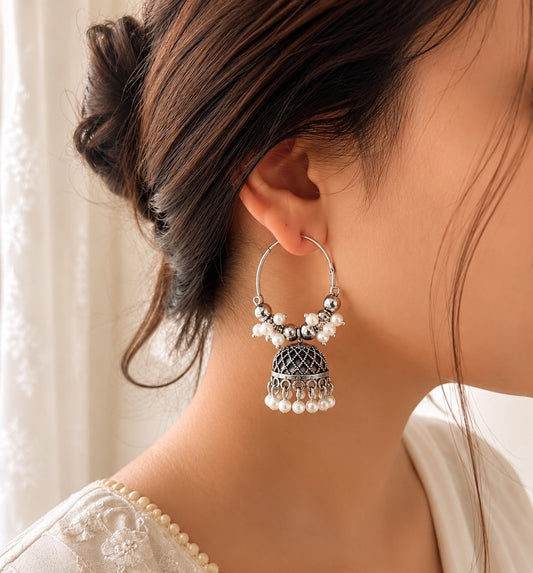 oxidised silver hoop jhumka earring with white pearl