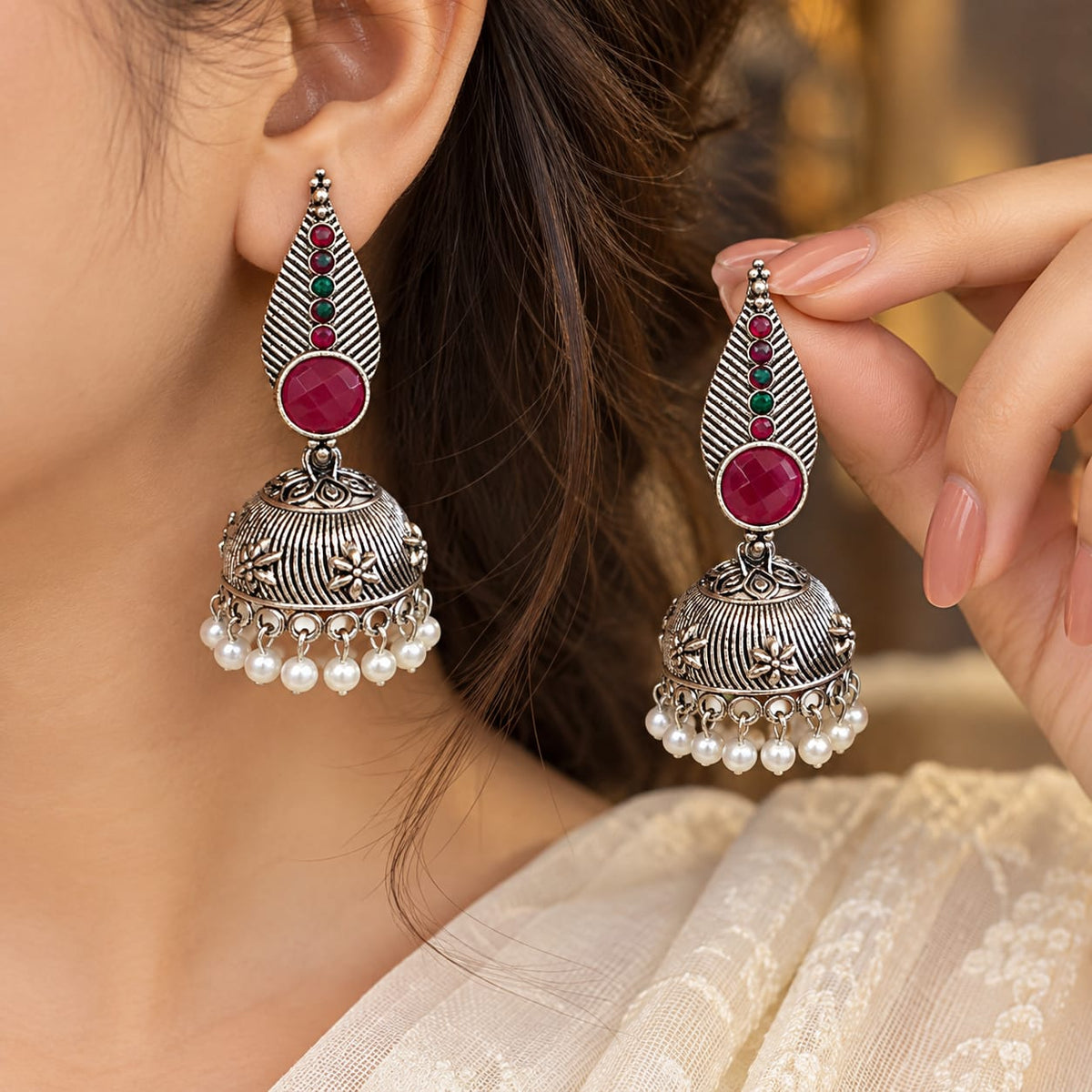 pink and green Kemp stones with small pearl hanging droplets earring