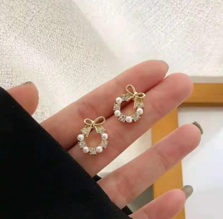 Elegant Gold Bow Pearl & Crystal Wreath Stud Earrings