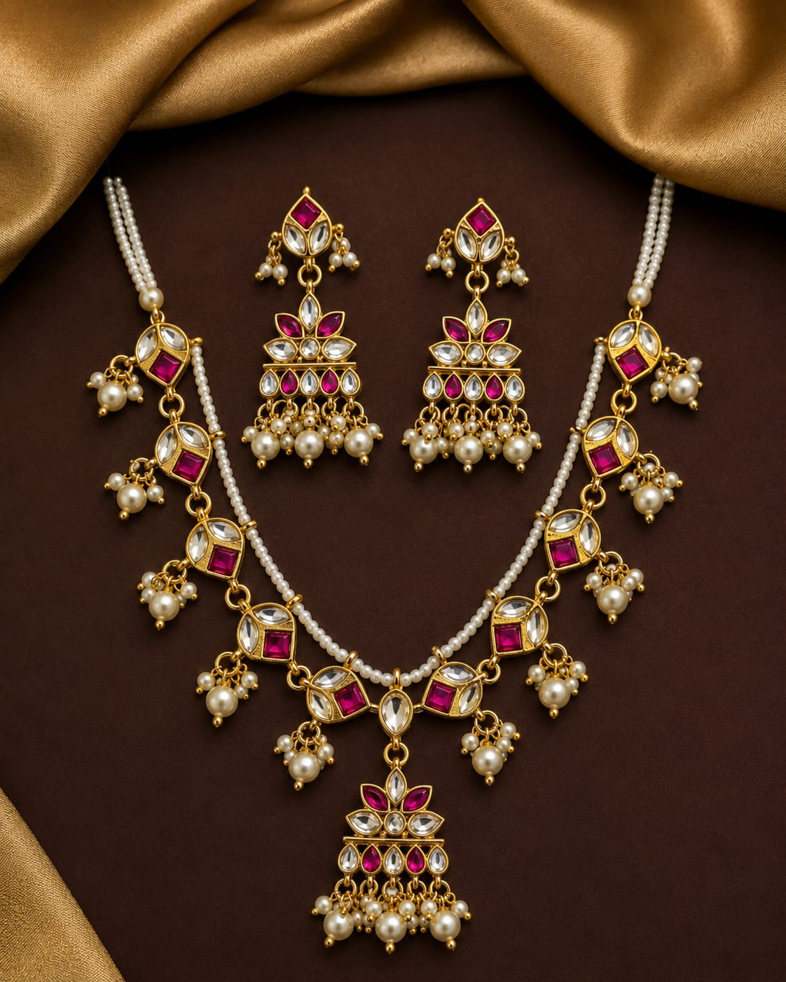 Kundan Pearl Drop  pink Necklace & Earrings Set