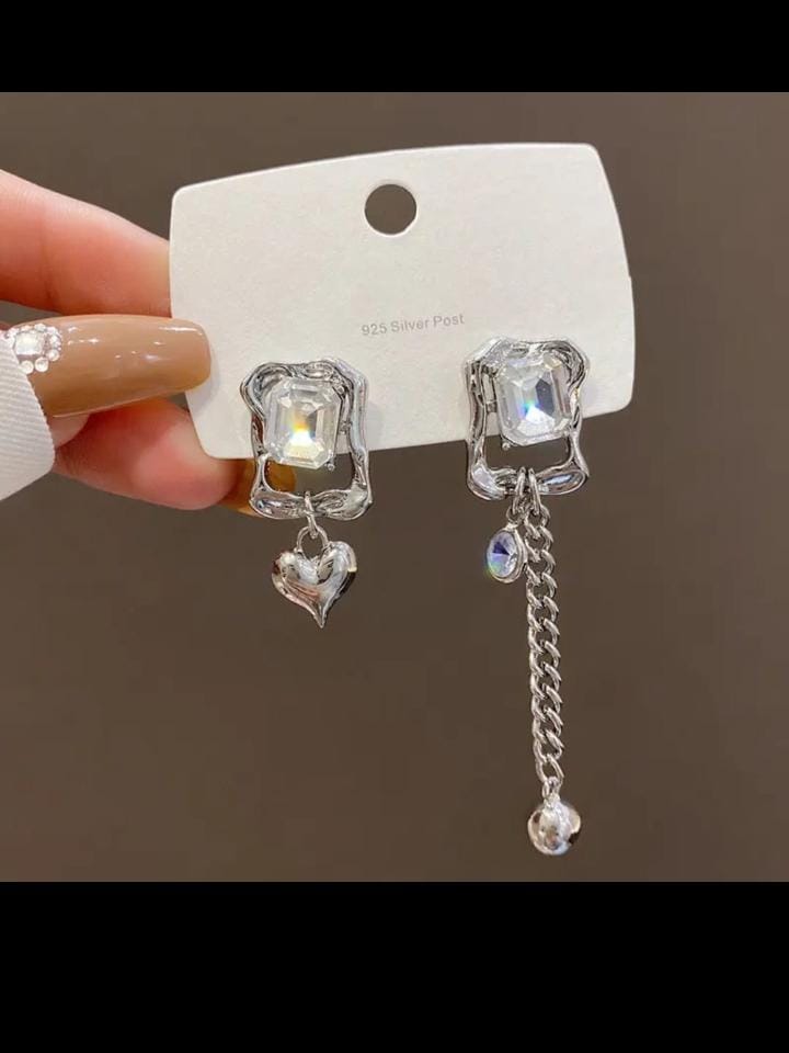 Silver Crystal Heart Chain Drop Earrings