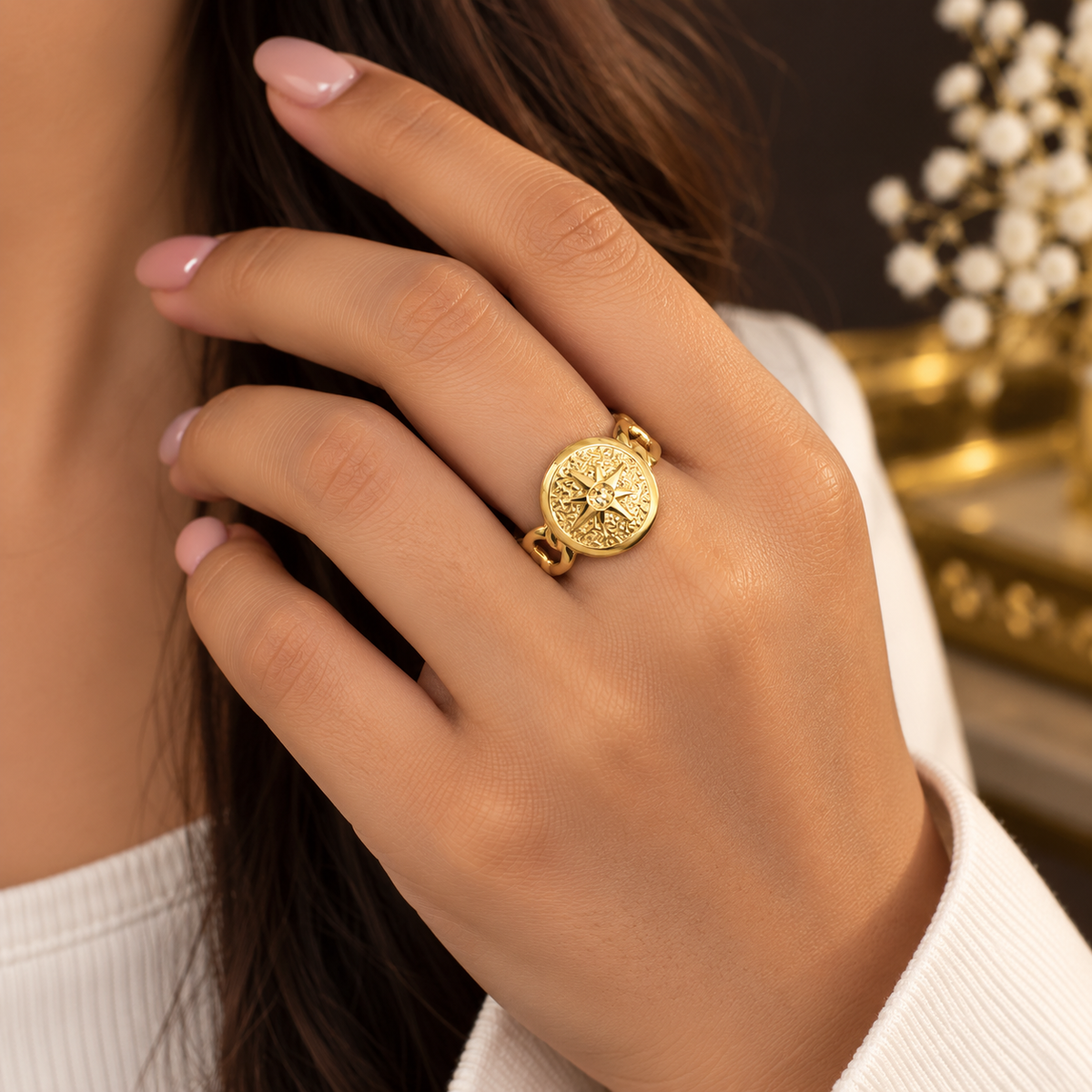 Golden Compass Medallion Ring