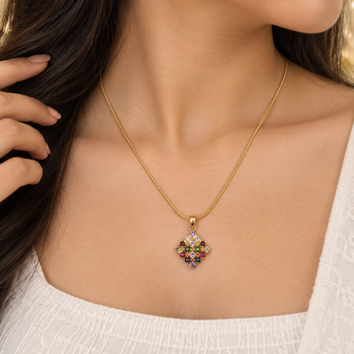 Multicolor Navratna Diamond Pendant Necklace
