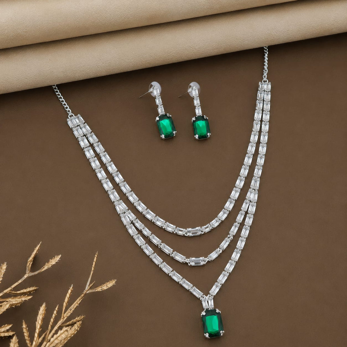 Celebrity inspired Crystal & green Stone Necklace Set with Earrings