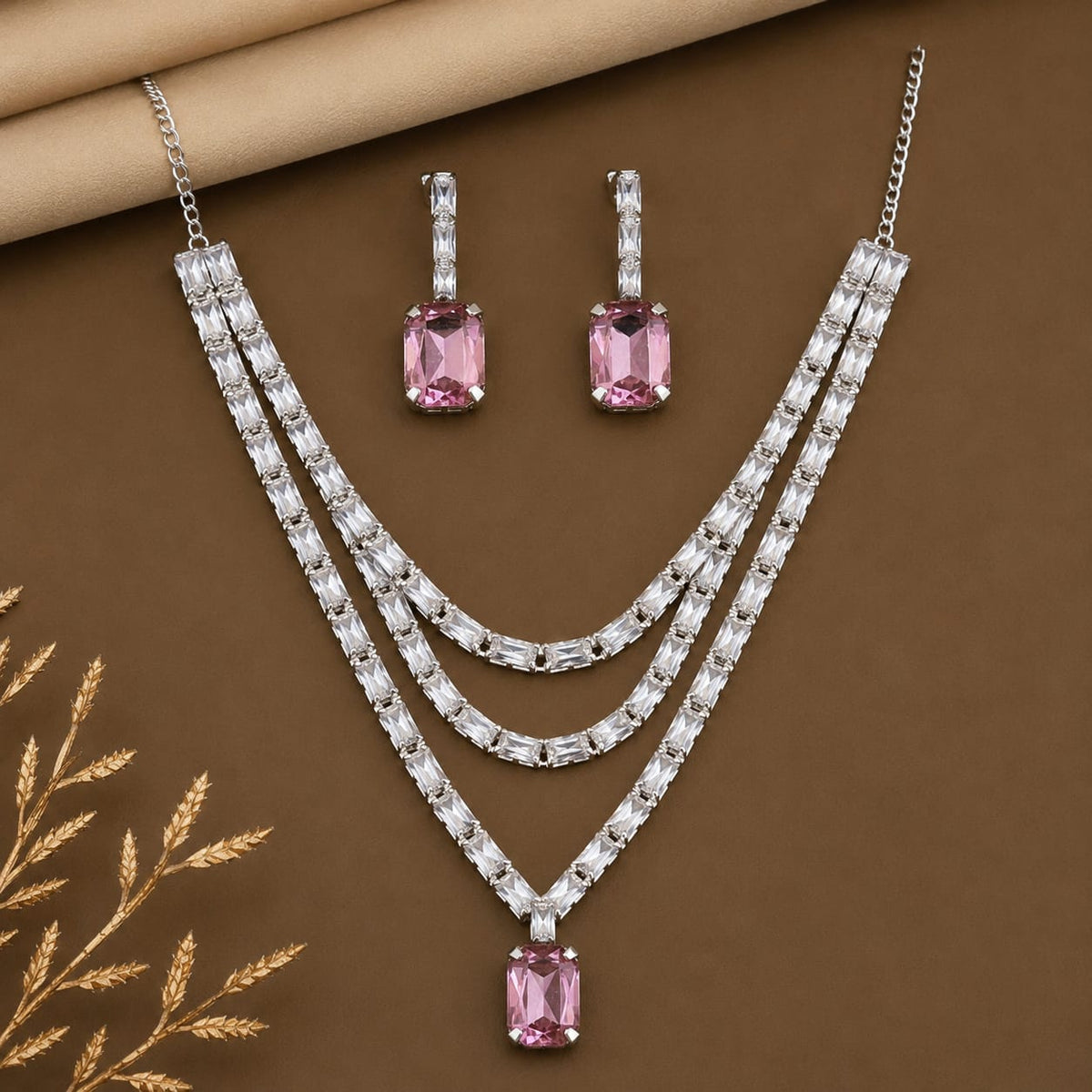 Celebrity inspired Crystal & pink Stone Necklace Set with Earrings