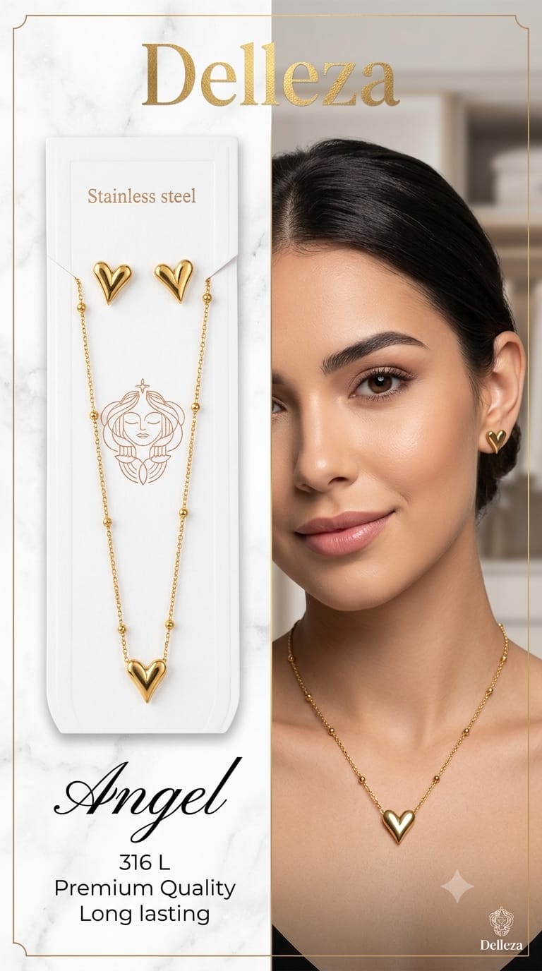 Anti tarnished heart necklace & matching heart stud earrings set