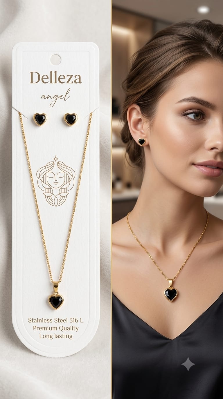 Stainless steel black heart pendant necklace and matching stud earring