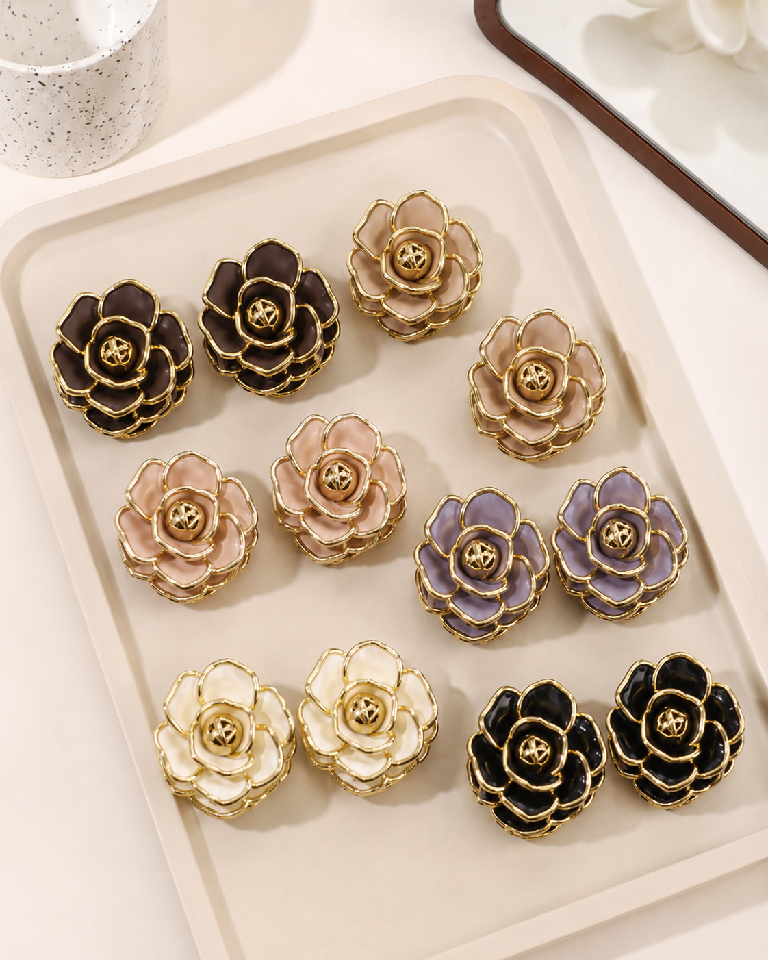 Set of 12 pcs Korean matte rose flower claw hair clutchers with gold accents