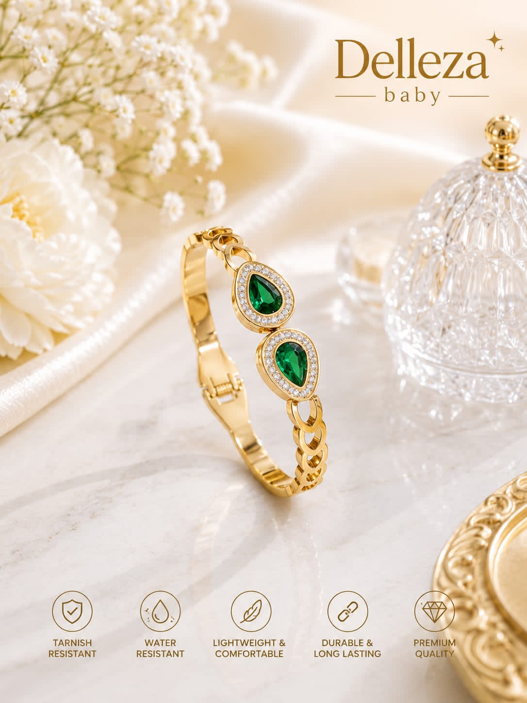 Emerald Twin Drop Anti-Tarnish Baby Size Bracelet