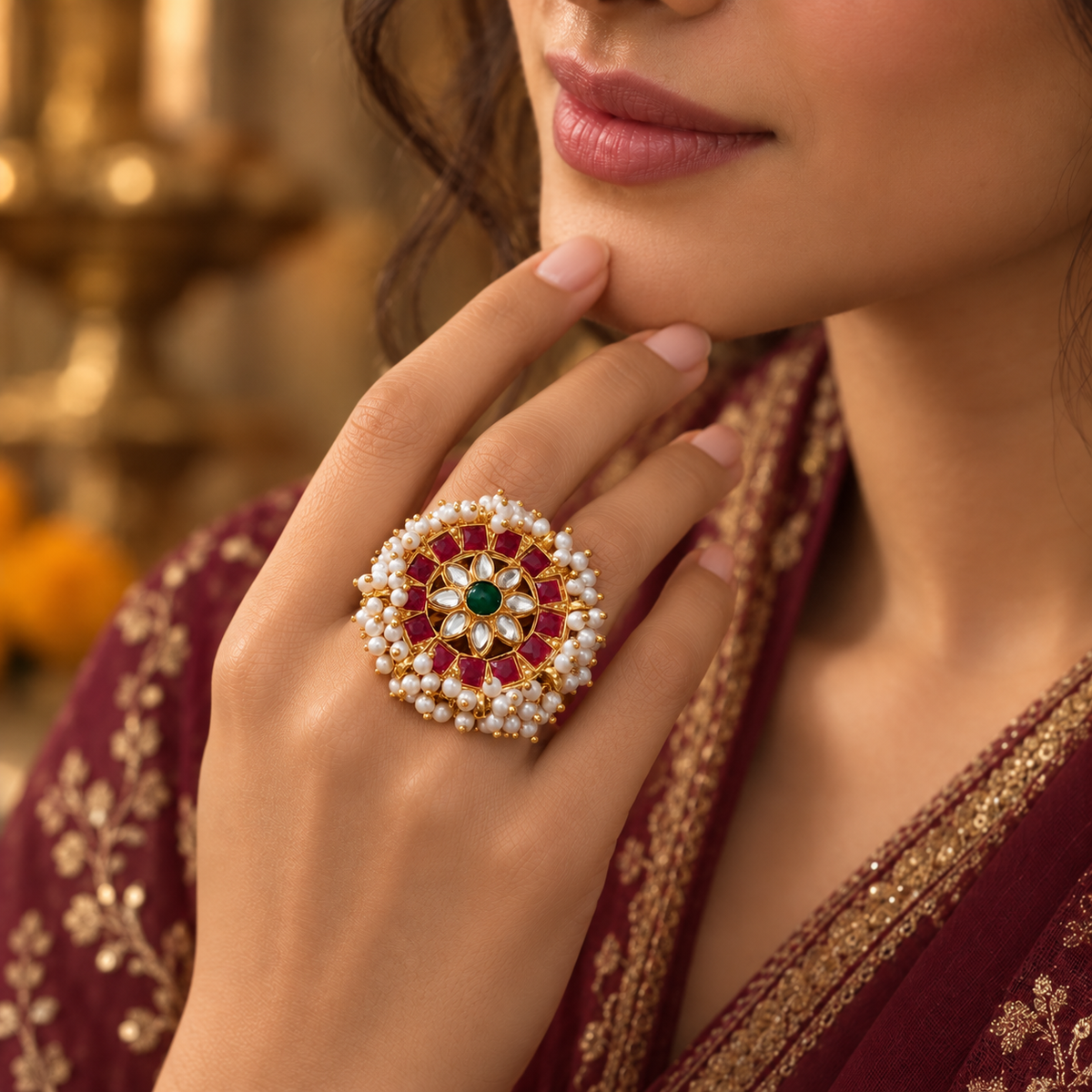Traditional pink 💗Kundan Pearl Statement Ring