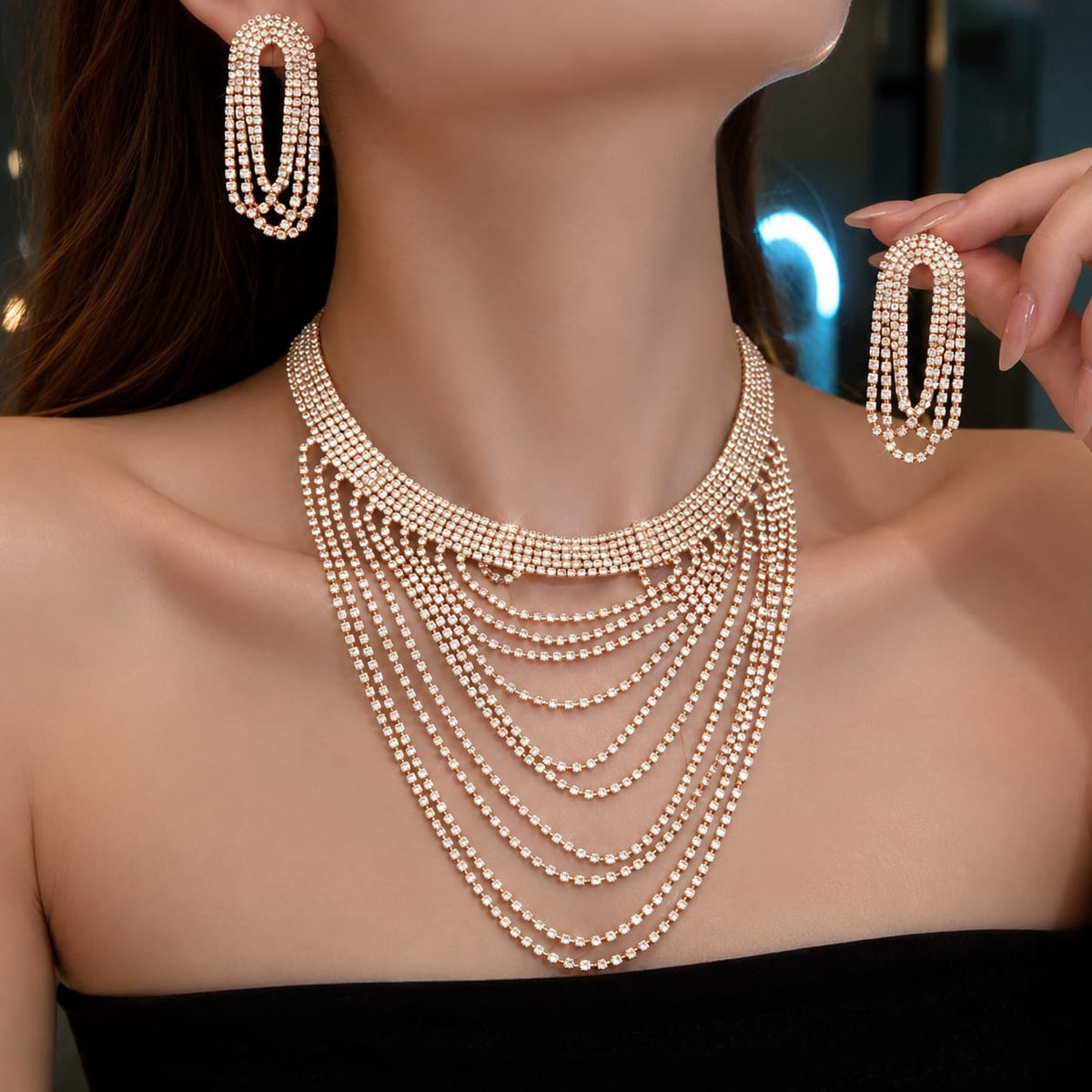 rose gold plated, multi-layered diamond necklace with earring set