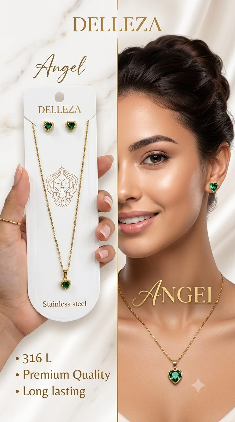 stainless steel emerald-green heart crystal necklace with earring set