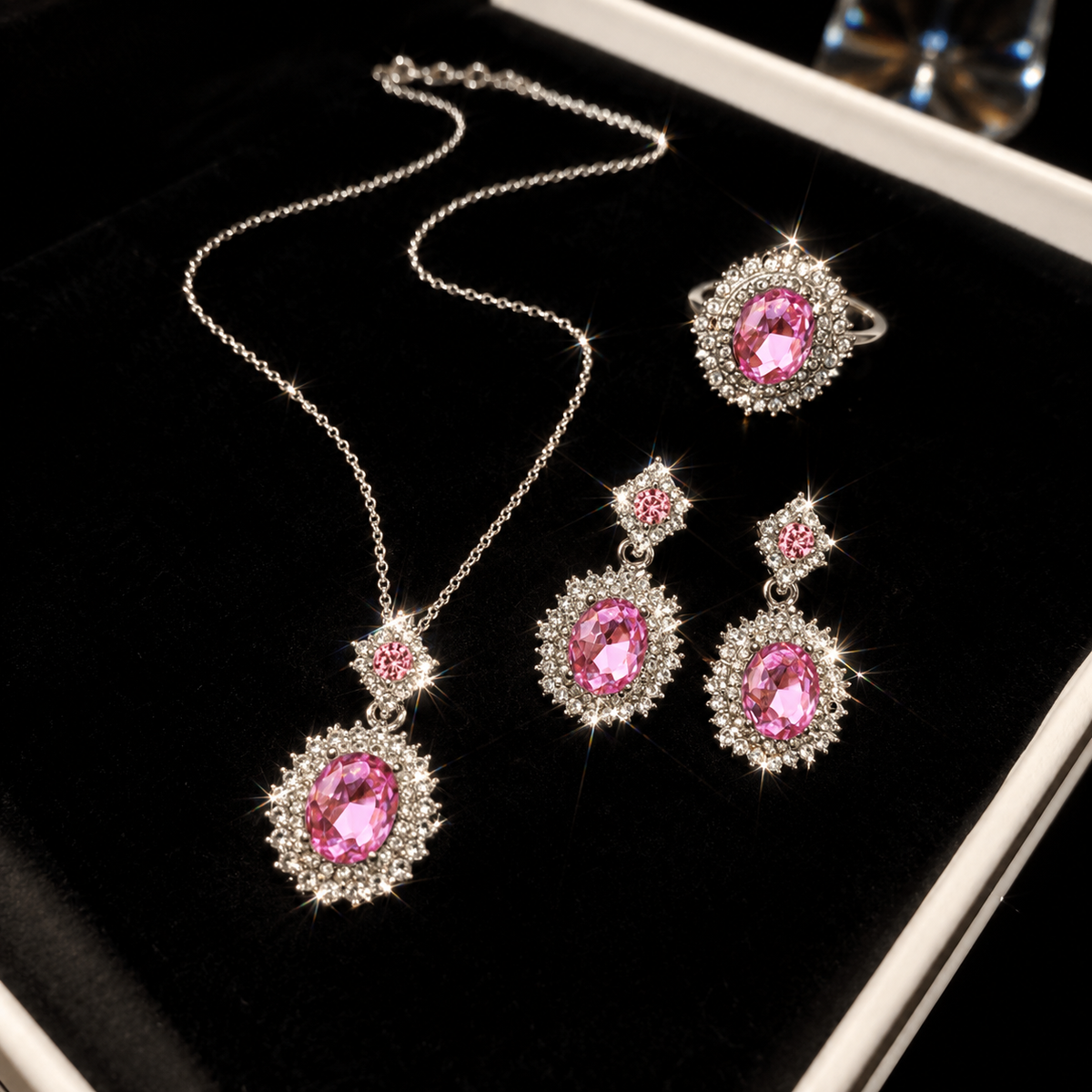 silver-plated oval pink cubic zirconia stone combo set