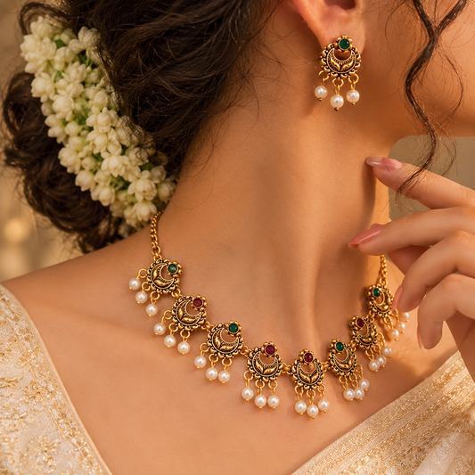 Gold-plated traditional moon motif choker necklace set