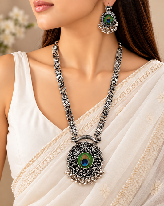 silver-oxidised long necklace and matching earrings set