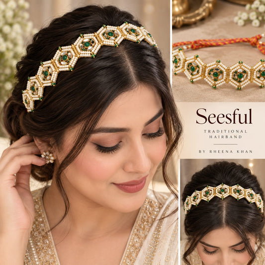gold-plated green Kundan and pearl Matha Patti