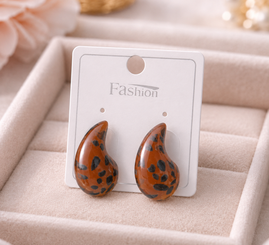 Korean Brown Teardrop Glossy Earrings – Trendy Statement Stud Earrings for Women
