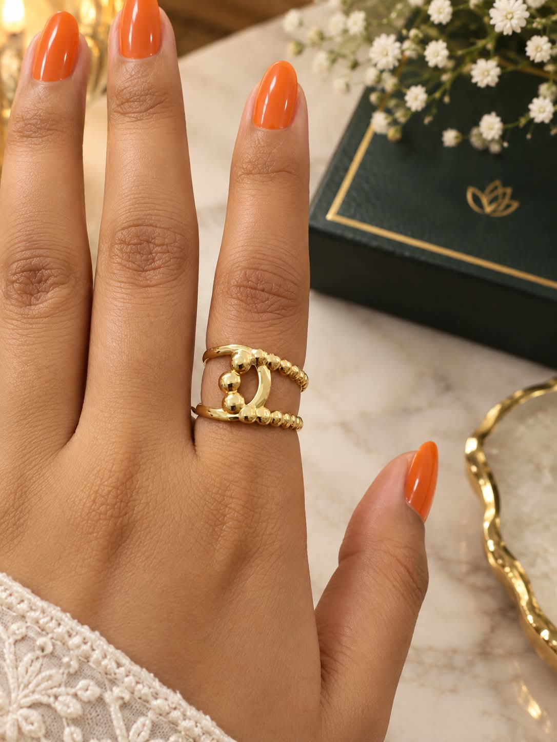 Anti-Tarnish Golden Beaded Open Adjustable Ring