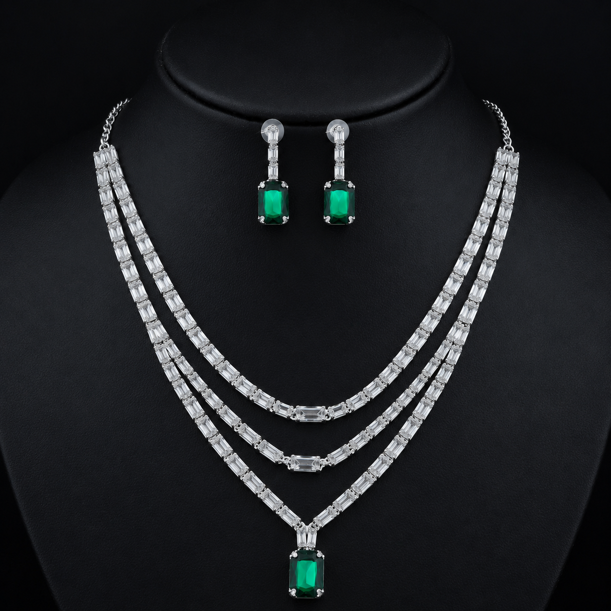 Crystal 3 layer  Silver Green necklace Set