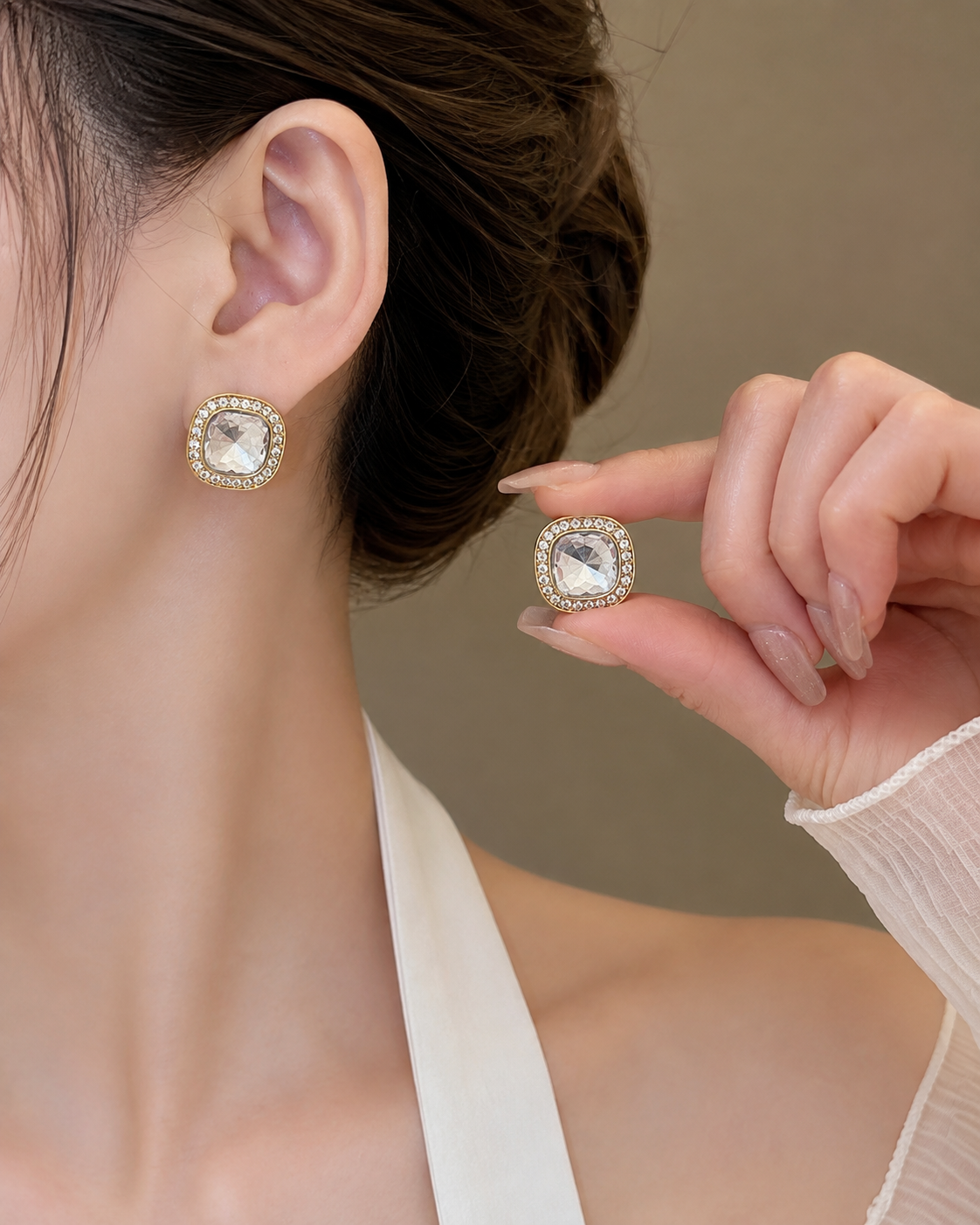 square crystal stud earrings with rhinestone