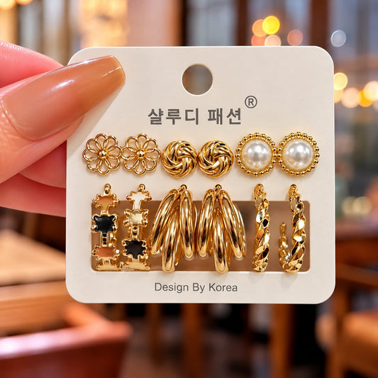 Set of 6 Trendy Golden Hoop & Stud Combo Earrings