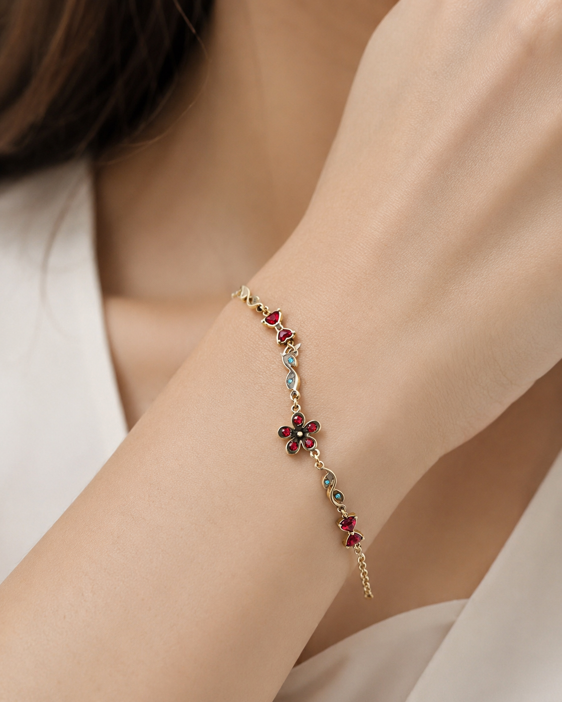Anti tarnish red flower chain bracelet