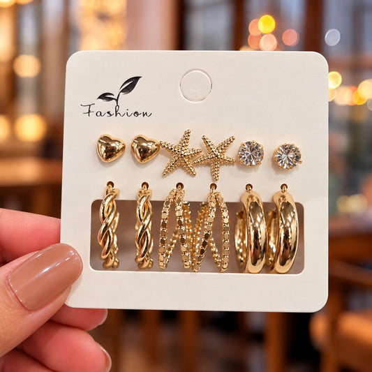 Set of 6 Starfish & Golden Hoop Combo Earrings
