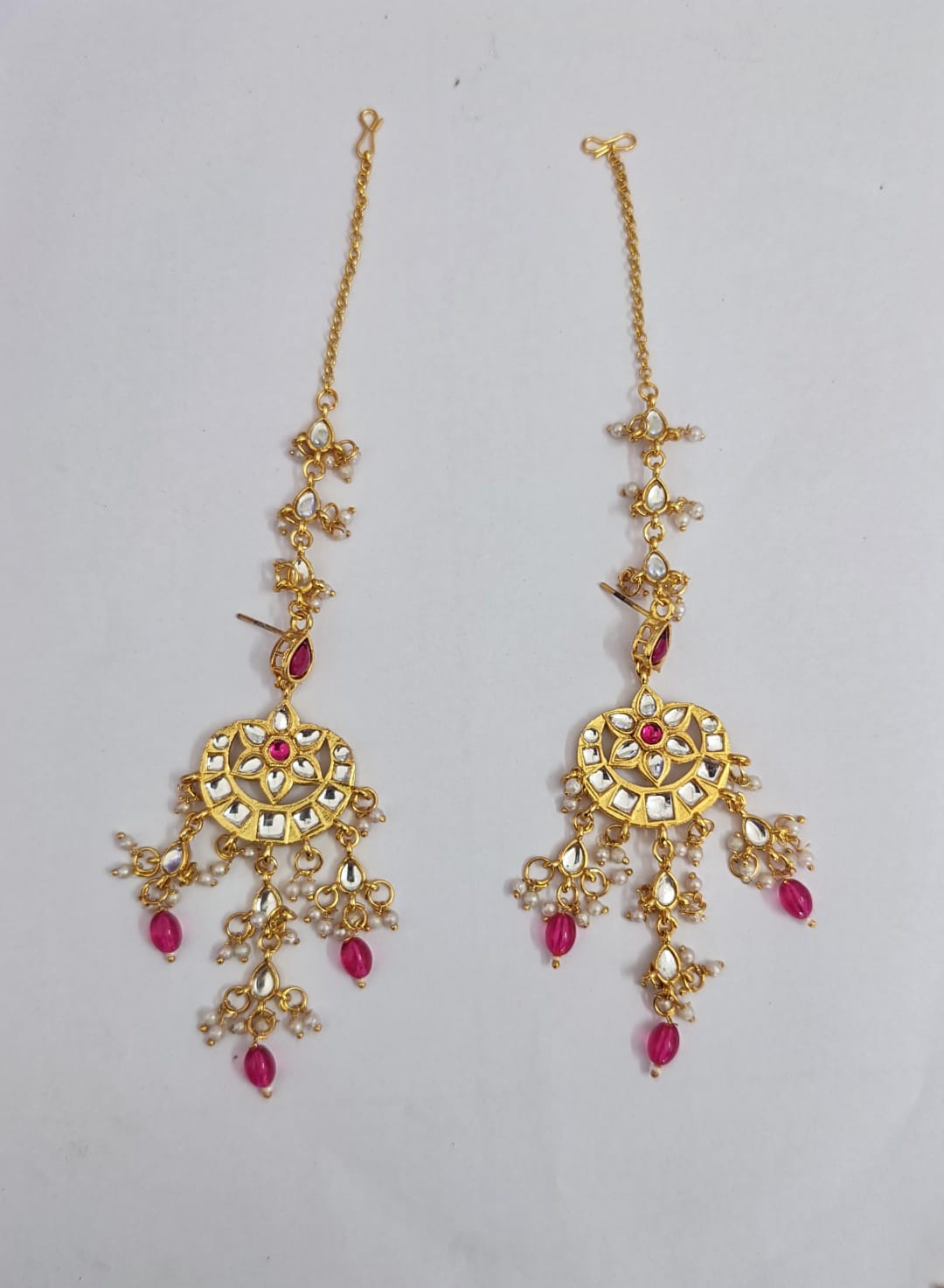 Kundan and pearl chandbali earring  pink bead drops with matching ear chain