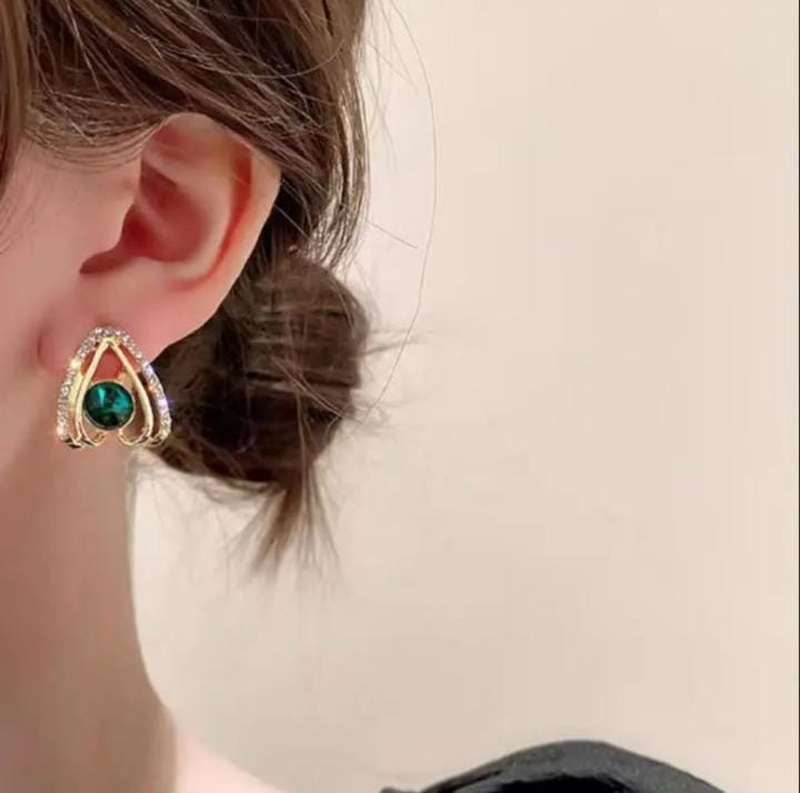 Elegant Triangle Stud Earrings, Emerald   green Stone for Girls and Women