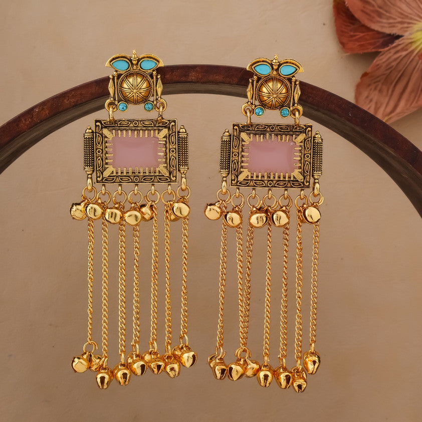 Kashmiri-style dangling earring with pink stone hanging chain