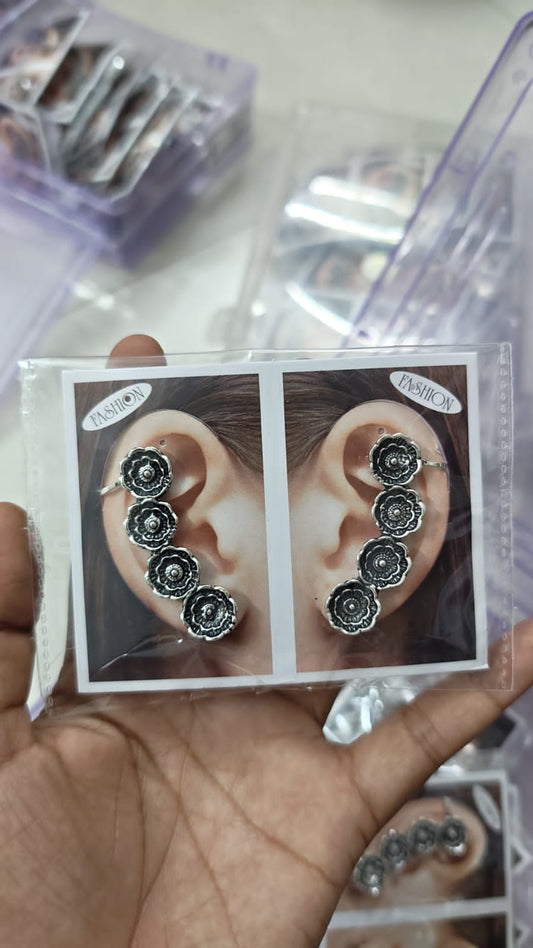 Set of 2 Oxidised Silver Floral Ear Cuffs
