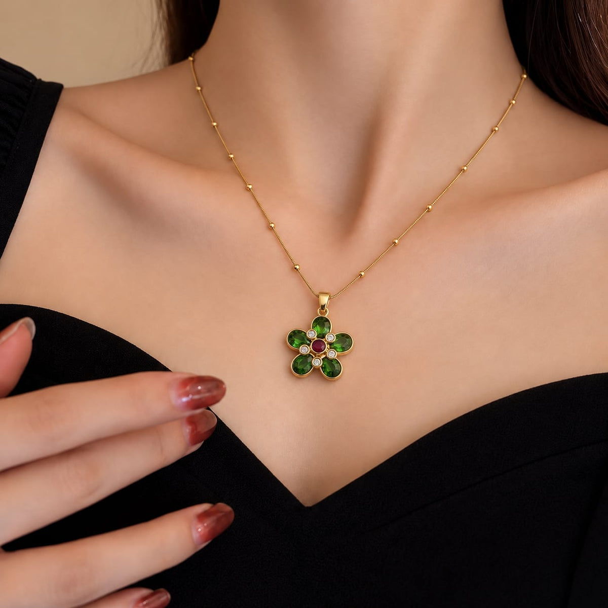 Premium Green Floral Stone Pendant Necklace