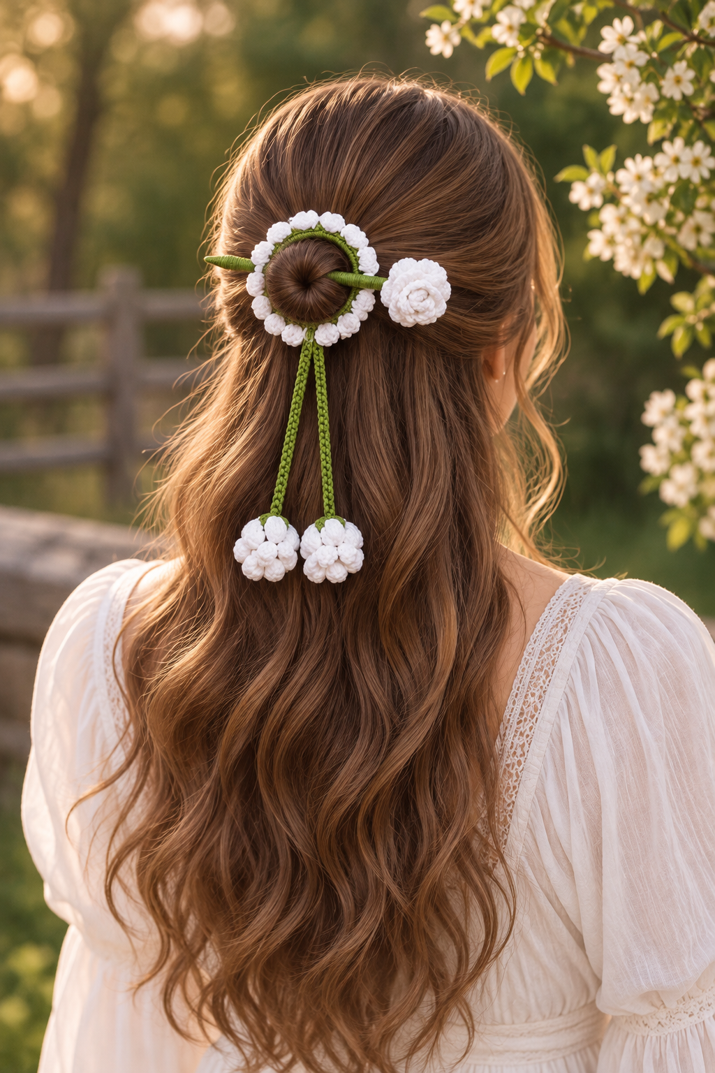 crochet floral hair bun stick with white rose/daisy-like flowers and green vines