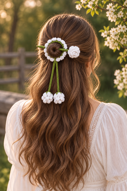crochet floral hair bun stick with white rose/daisy-like flowers and green vines