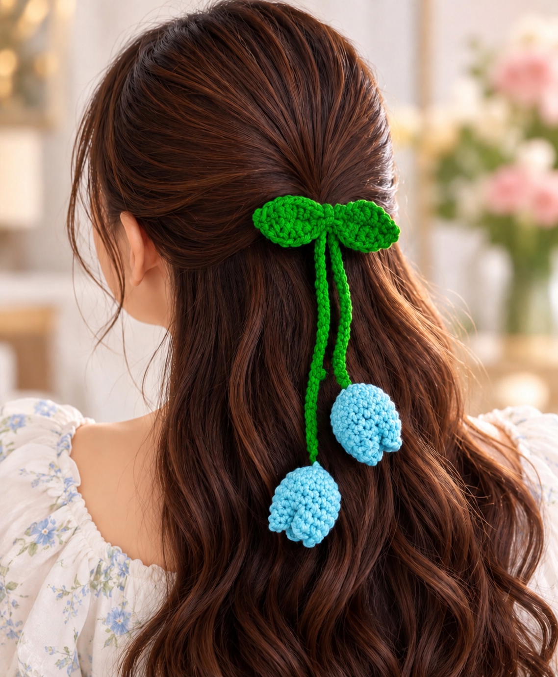 Set of 2 pcs  pink and blue Crochet Tulip Hair Tie