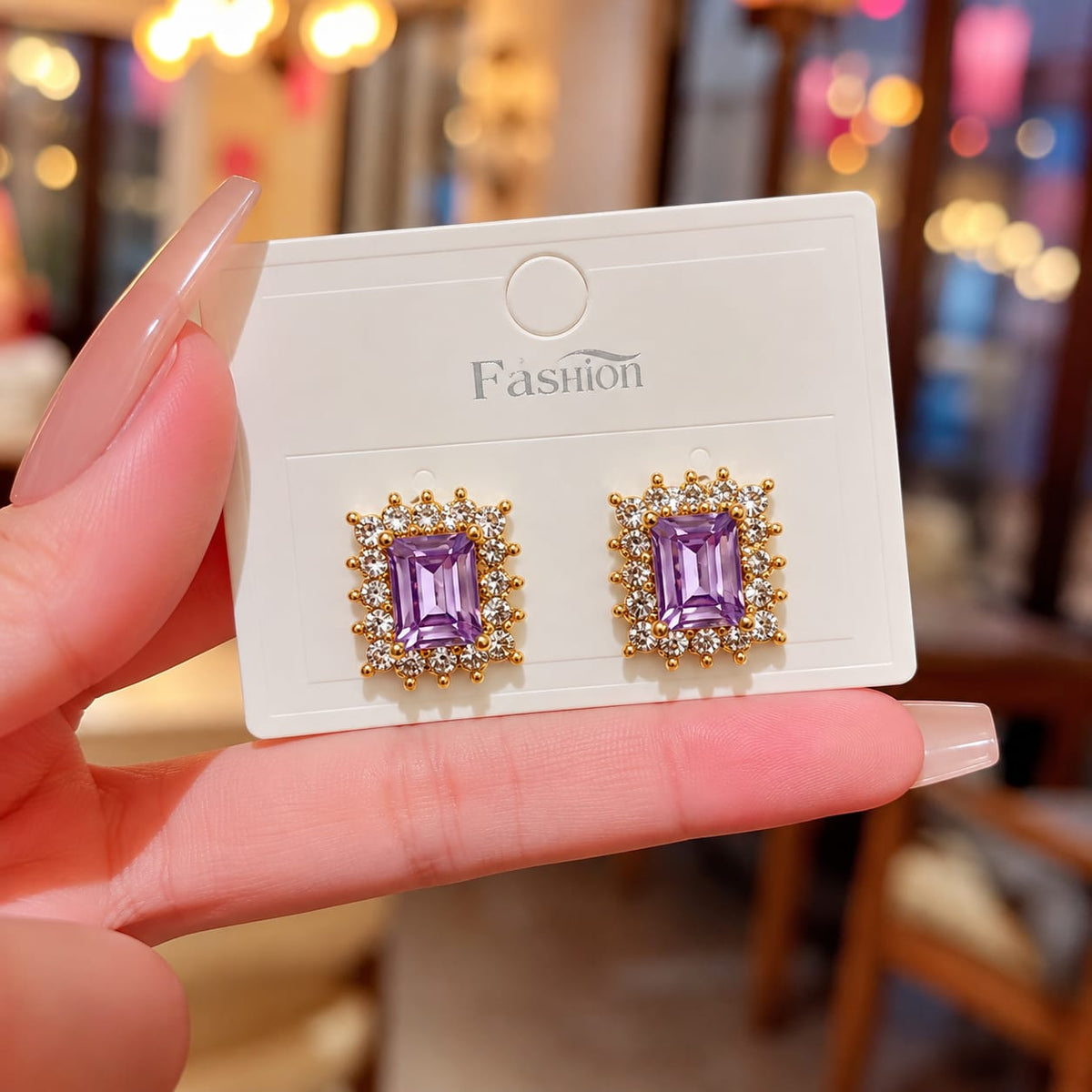 rectangular crystal stud earrings with rhinestone halos