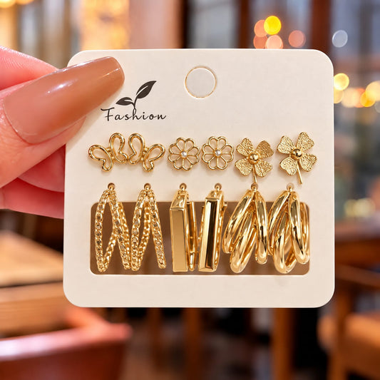 Set of 6 Floral & Golden Hoop Combo Earrings