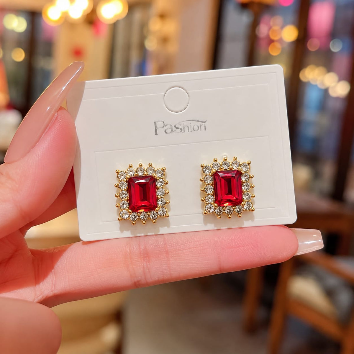 rectangular crystal stud earrings with rhinestone halos