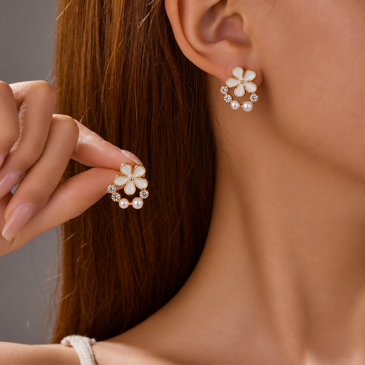 white floral enamel details, faux pearls  earring