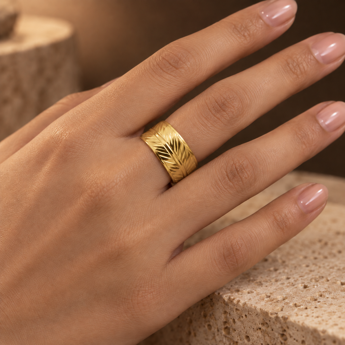 Golden Leaf Engraved Statement Ring