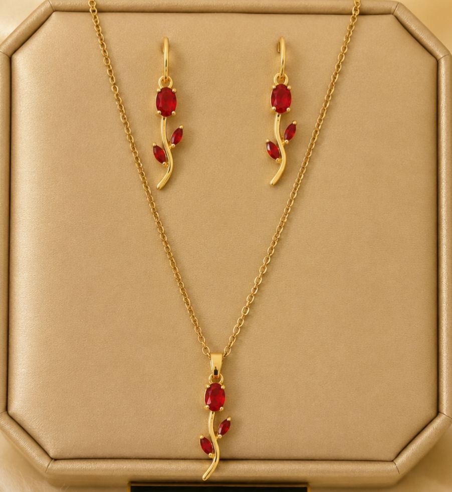 Kiyu Ziyu Anti Tarnish Tulip Pendant Chain with Earrings Set