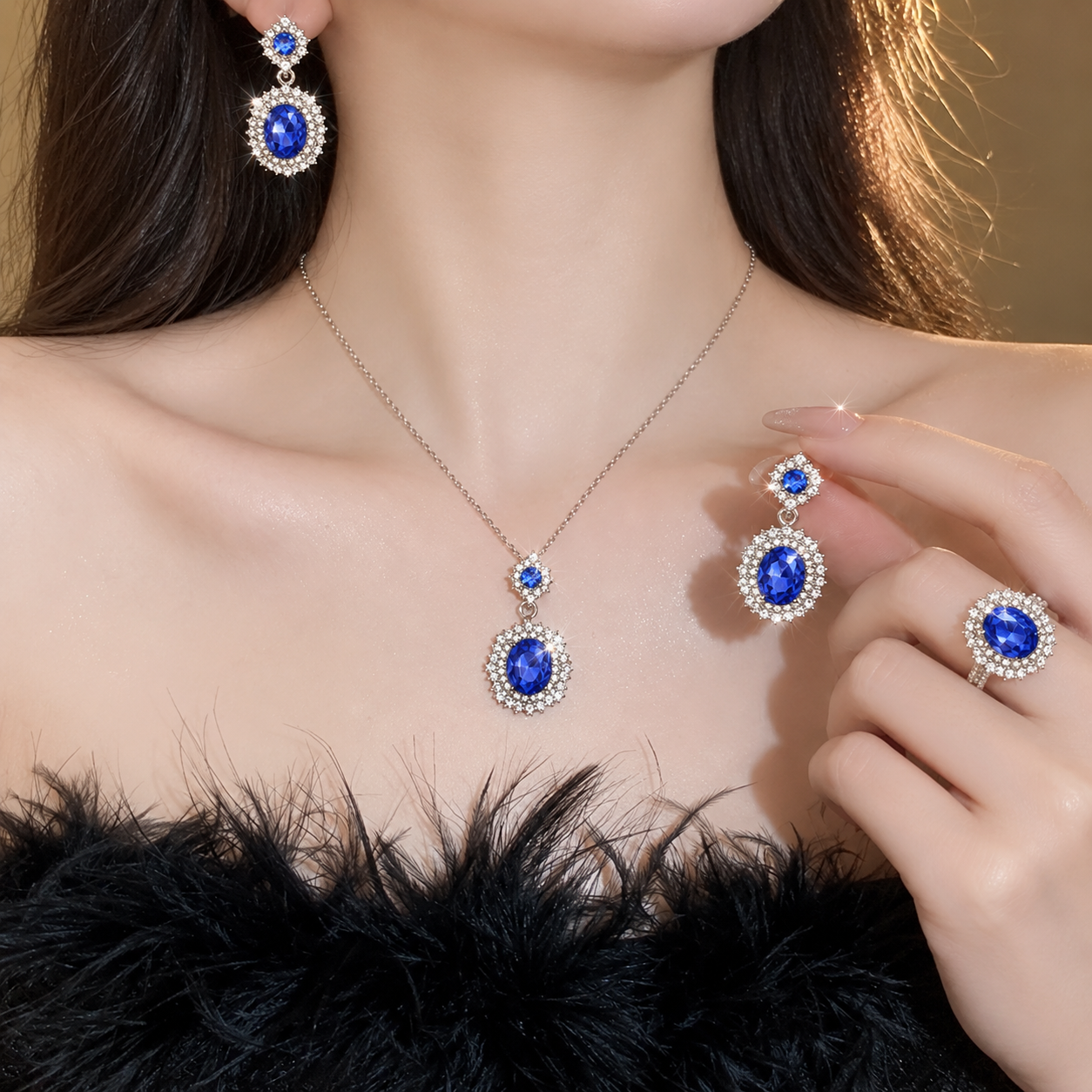 silver-plated oval blue cubic zirconia stone combo set