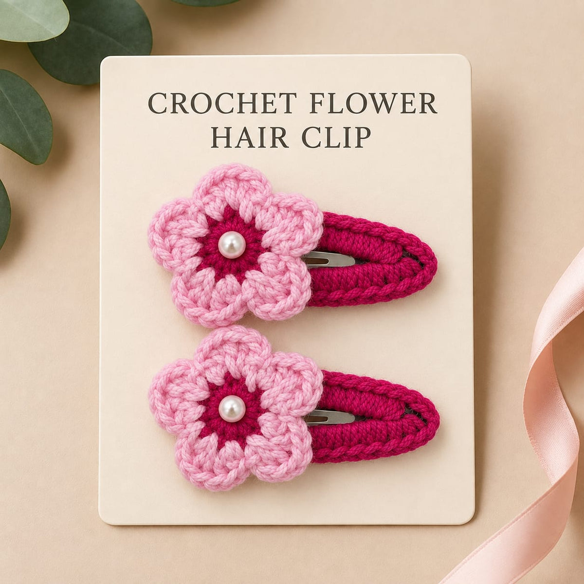 Rosy Bloom Pearl Crochet Clips – Set of 2