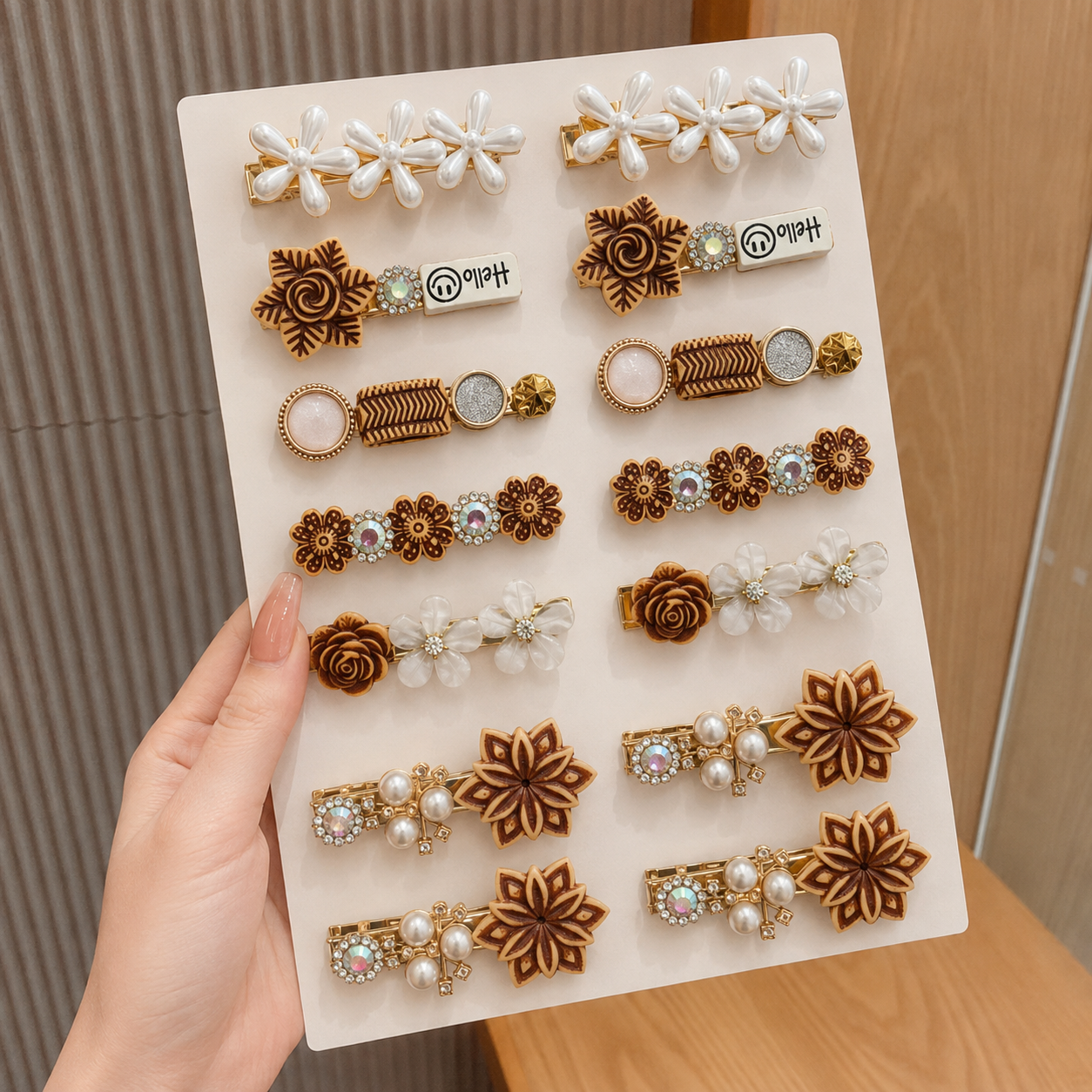 Set of 12 pcs Korean-style faux-pearl, floral hair clips