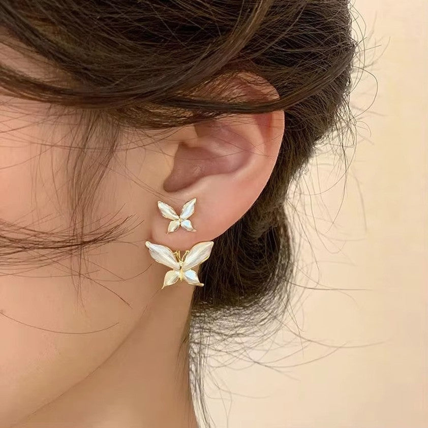 white double-butterfly drop and stud alloy earring