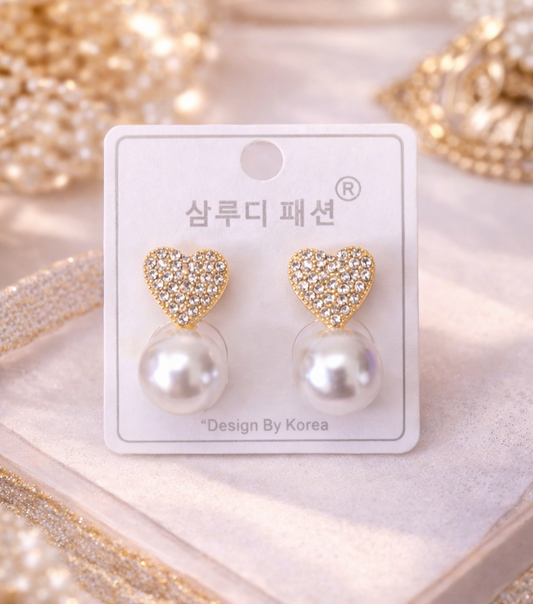 Gold Heart Pearl Drop Earrings