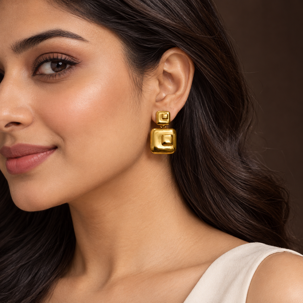 Anti tarnished geometric square drop earring