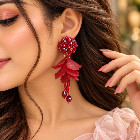 Red beaded and floral petal long drop earring
